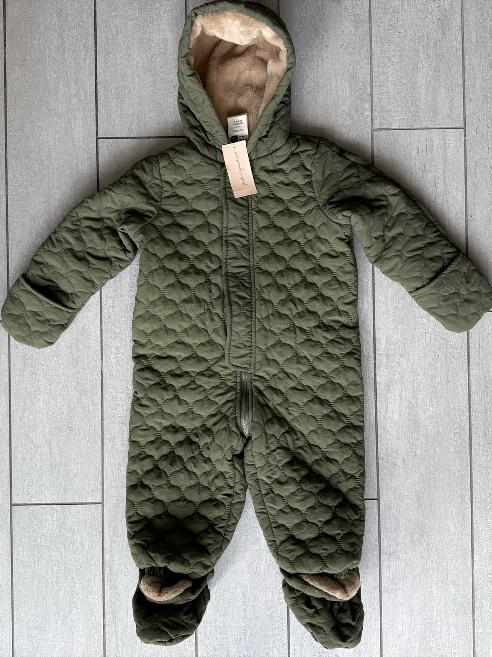 First Impressions Hooded Snowsuit puffer 24M Quilted Green Sherpa Lined